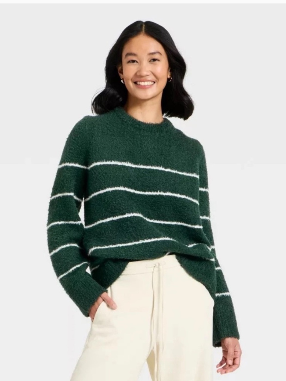 A New Day Cozy Green Stripe Crewneck Sweater - Women